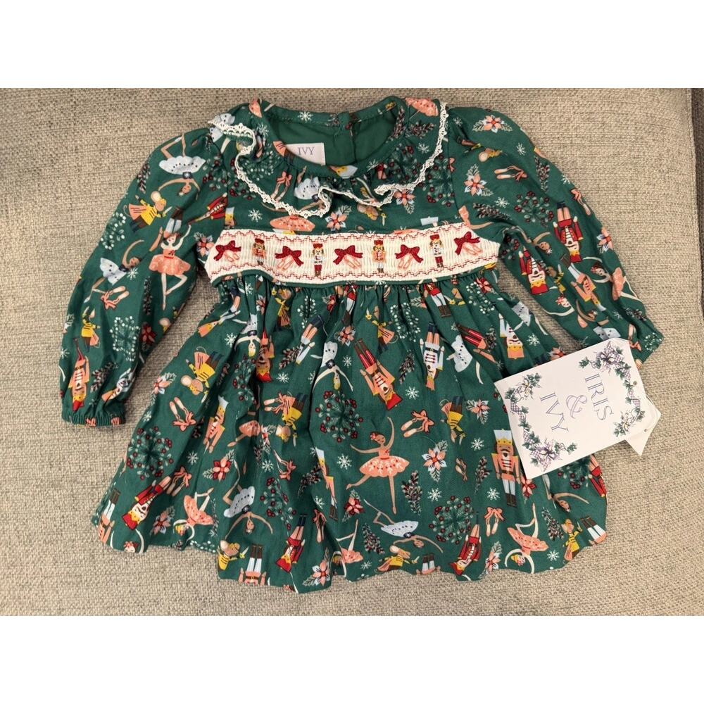 Iris & Ivy Smocked Nutcracker Green Baby Girl Dress & Bloomers 3-6 Months NWT